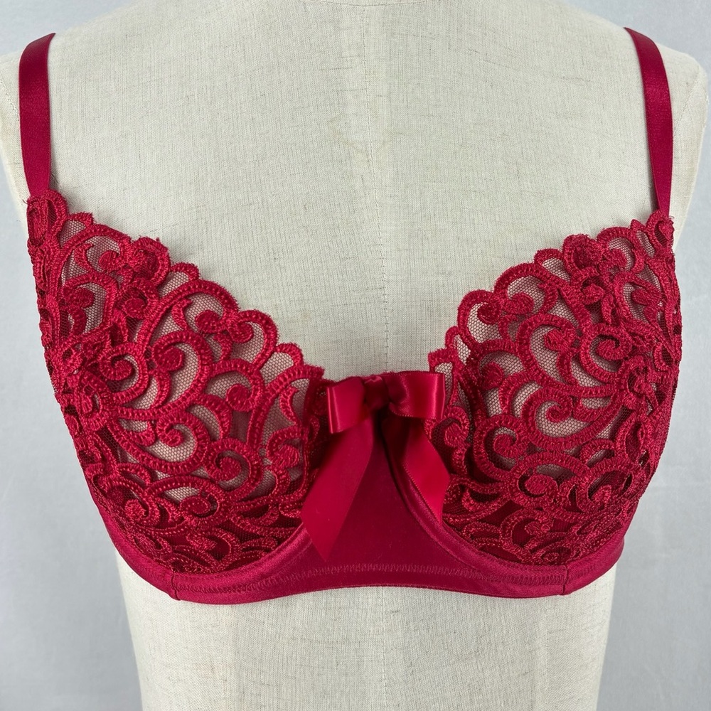 VINTAGE Victoria’s Secret Women’s 36D Red Lace Sheer Ribbon Bow Underwire
